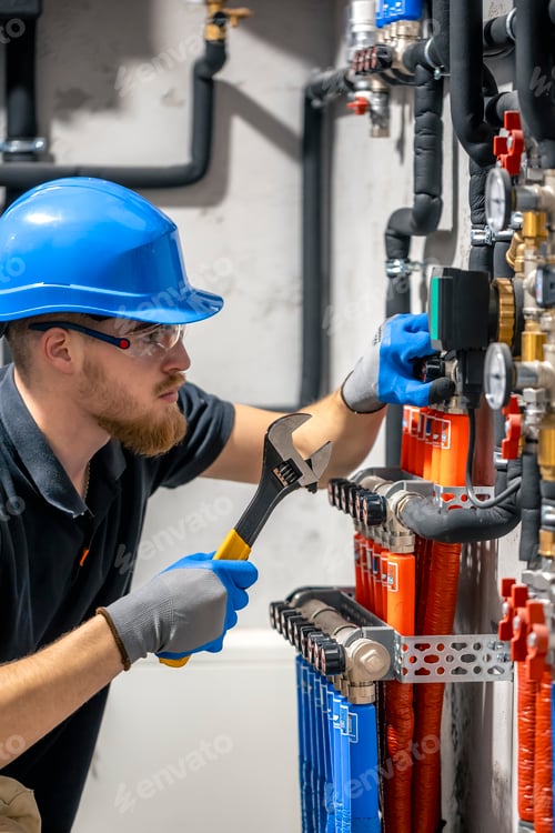 Preview: The technician checking the heating system in the boiler room.