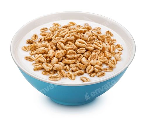 Preview: Puffed wheat cereal isolated on white background, honey air rice