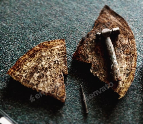Preview: Artistic display of wood split by a tiny hammer