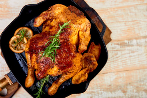 Preview: Baked whole chicken with apples in pan