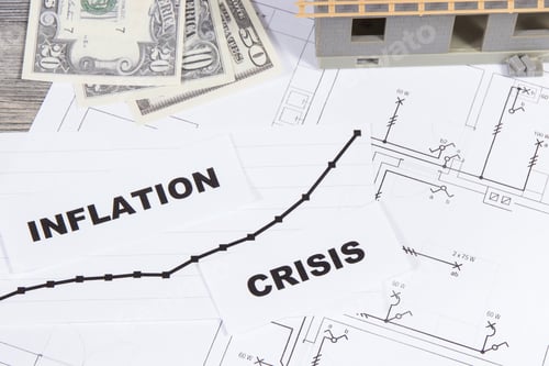 Preview: Inscriptions crisis and inflation, currencies Dollar, toy house on electrical diagrams