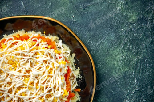 Preview: top view mimosa salad with eggs potato and chicken inside plate on dark blue background holiday