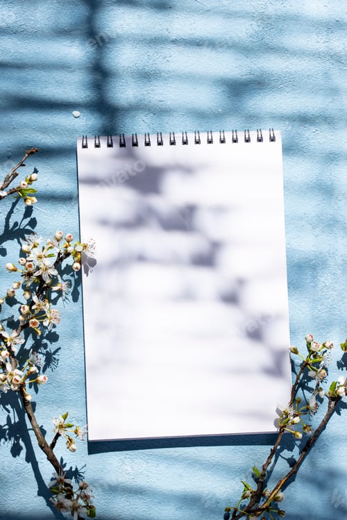 Preview: Empty notebook with shadow of a blooming tree