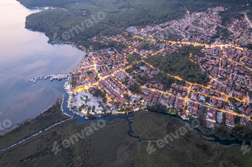 Preview: Akyaka is situated at the Gulf of Gokova. Beautiful beach and coast view. Aerial view of Akyaka.