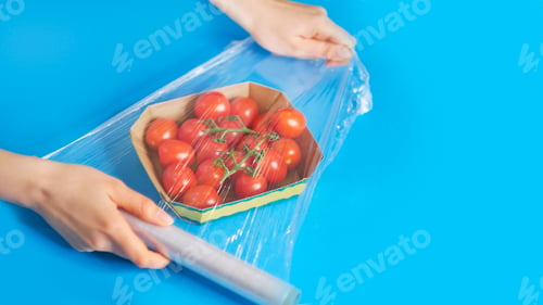 Preview: Woman using food film for food storage on a white table.