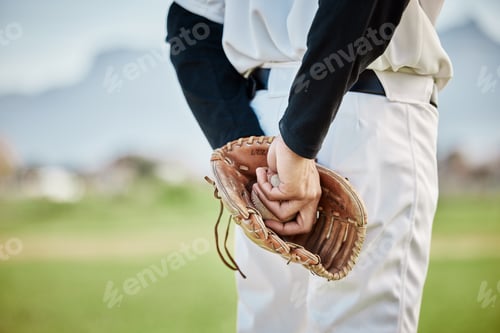 Preview: Hands, back view or baseball player training for a game or match on outdoor field or sports stadium