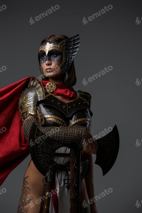 Preview: Ancient woman barbarian dressed in red cloak holding axe