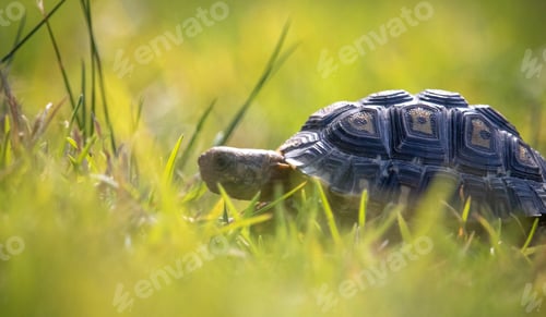 Preview: Baby African tortoise walking and exploring through grass foliage.