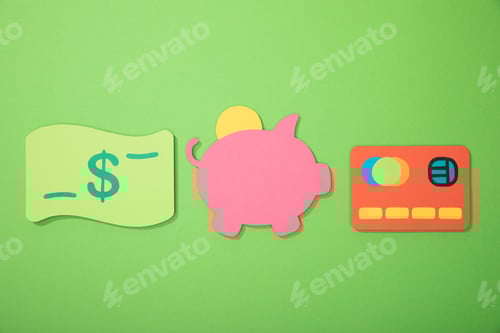 Preview: flat lay with piggy bank, credit card and dollar banknote isolated on green