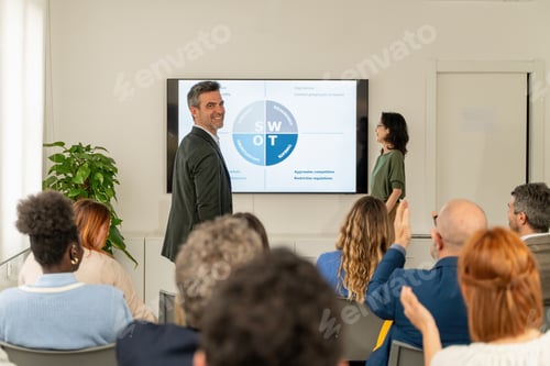 Preview: SWOT analysis presentation diverse team collaboration business strategy meeting.