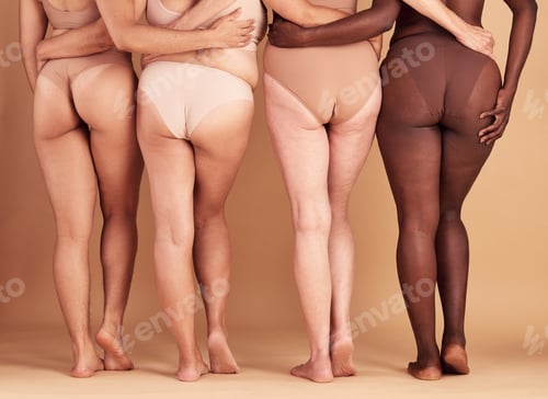 Preview: Women group, lingerie and butt in studio for wellness, fashion and diversity with plus size in unit