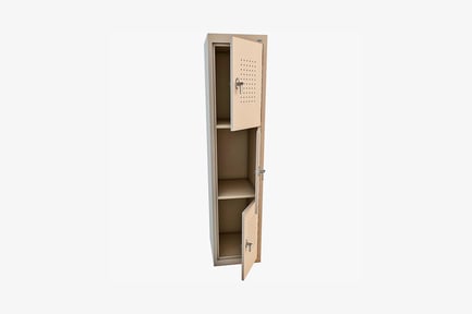 Preview: Open metal cabinet with double doors and interior shelves