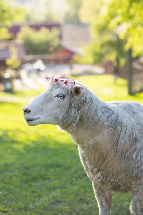 Preview: A cute sheep with flower wreath in green grass. Easter concept.