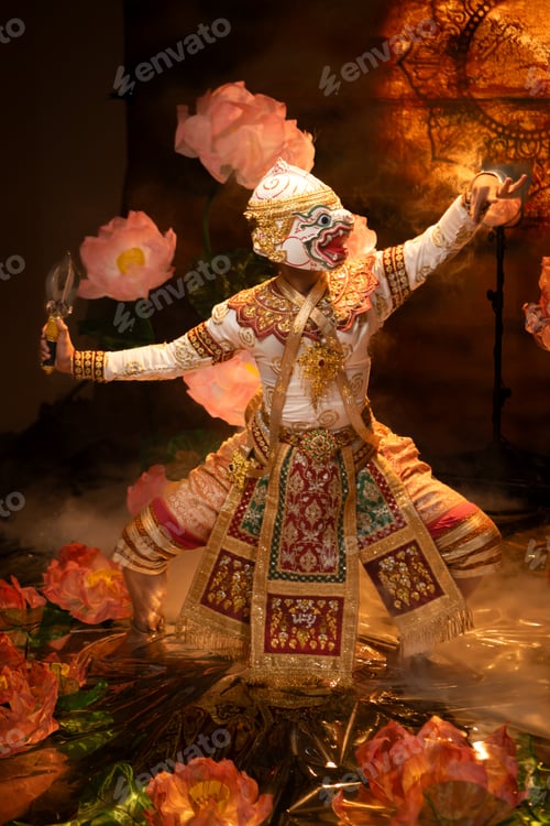 Vista previa: Khon performers wearing traditional Hanuman masks and ornate costumes performing