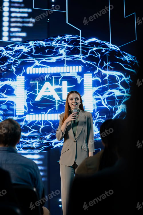 Preview: Female CEO presenter gives AI concept speech featuring AI-assistant