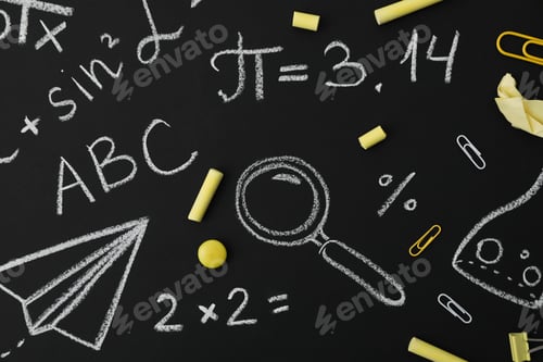 Preview: School formulas and drawings on a black school board