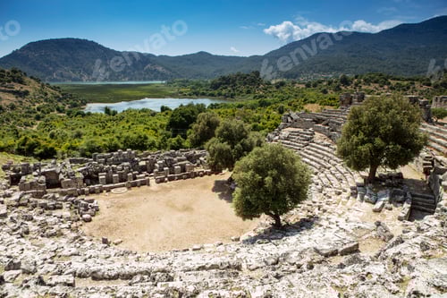 Preview: Turkey touristic area Dalyan Ortaca, Kaunos rock tombs in Dalyan, ancient city of Kaunos, Turkey.