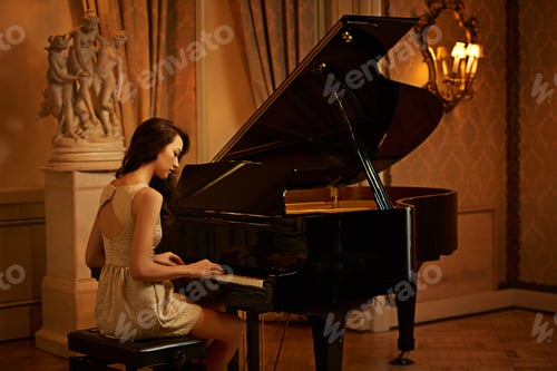 Preview: Filling the room with beautiful sounds. Rearview shot of a stylish young woman playing the piano.