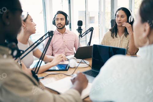 Preview: Discussion, podcast speaker and group of people, team or circle of presenter consulting, speaking a