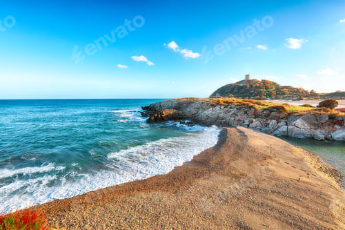 Preview: View of beautiful Chia bay and wonderful beach with Torre di Chia tower