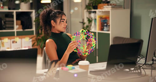 Preview: Business woman, laptop and thinking with fidget toy, creative agency and ideas for night brainstorm