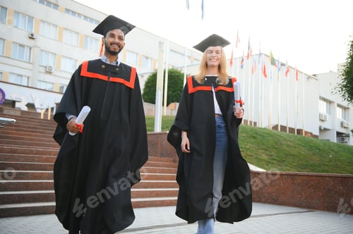 Preview: education, graduation and people concept - group of happy international students.