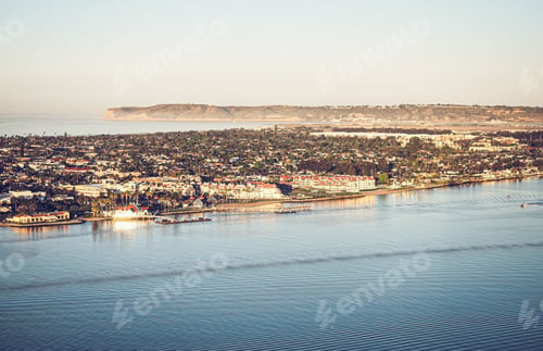 Preview: Aerial view of the blue sea and city buildings along the shoreline. San Diego, California.