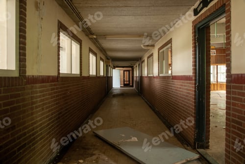Preview: Interior shot of an empty hall of an abandoned school with broken doors