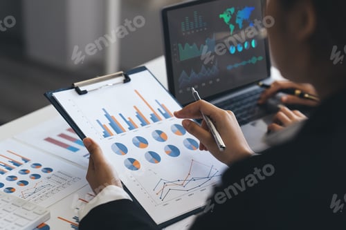 Preview: Finance manager meeting discussing company growth project success financial statistics, professional