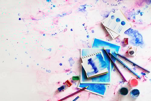 Preview: Watercolor Background with Paints and Sketchbooks