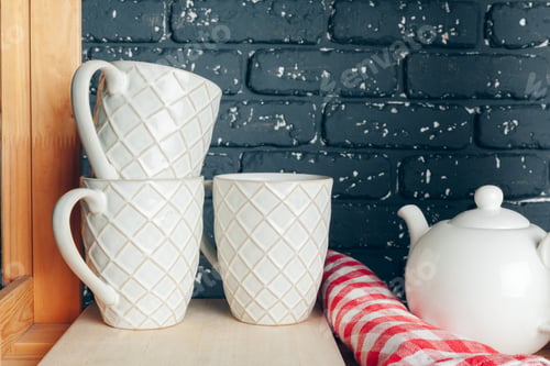 Preview: Utensils and mugs, Kitchenware on wooden shelves