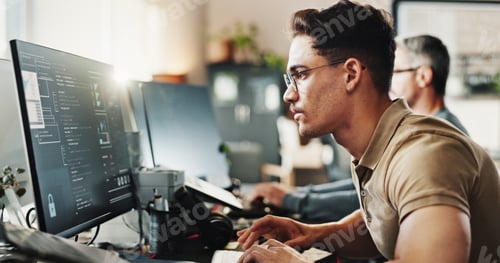 Preview: Computer, programming and web development with man in creative workplace for coding or design. Cybe