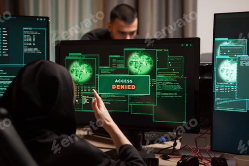 Preview: Back view of angry female hacker after access denied