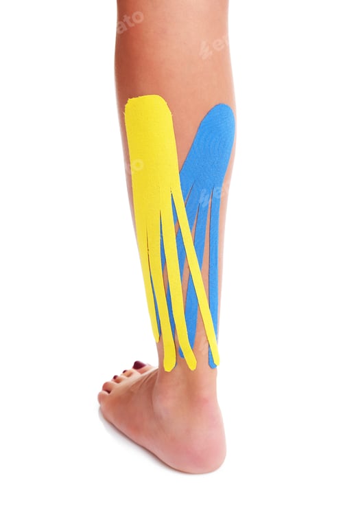 Preview: Picture showing special physio tape put on injured calf over white background