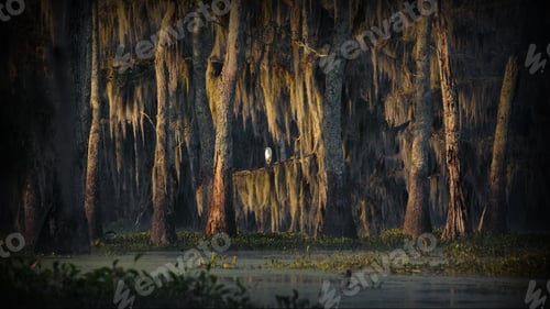 Preview: Beautiful shot of a gloomy day on the Cypress swamps with hanging tree branches in the USA