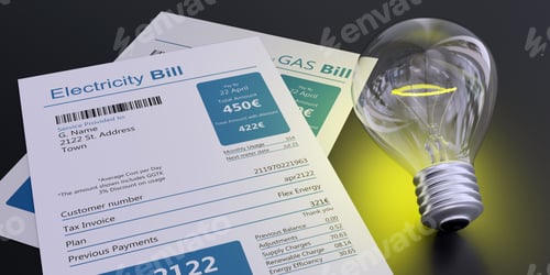 Preview: Electricity bill and light bulb, household cost increase concept.