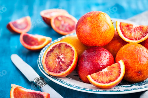 Preview: Sliced and whole fresh ripe juicy sicilian blood oranges