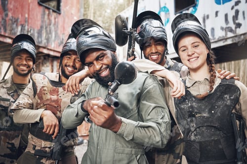 Preview: Portrait, diversity and military group with paintball gun for training, fun or extreme sports, happ