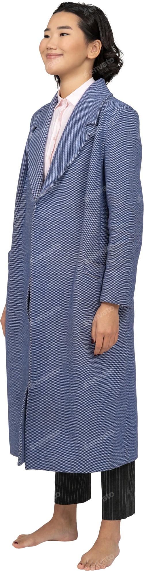 Preview: a woman wearing a blue coat and a dress and heels