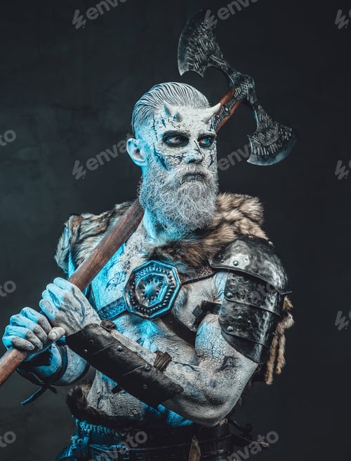 Preview: Powerful and evil warrior with axe on his shoulder in moonlight