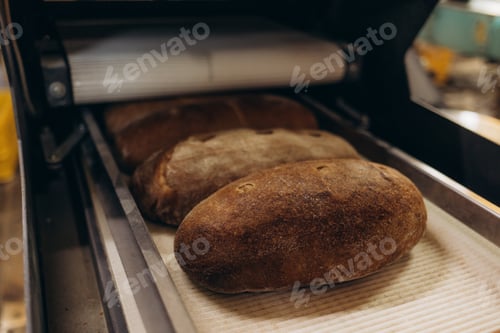Preview: Automatic production line bakery Baked breads from hot oven.