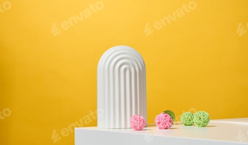 Preview: Podium with white arches to showcase cosmetics, products and other goods, yellow background