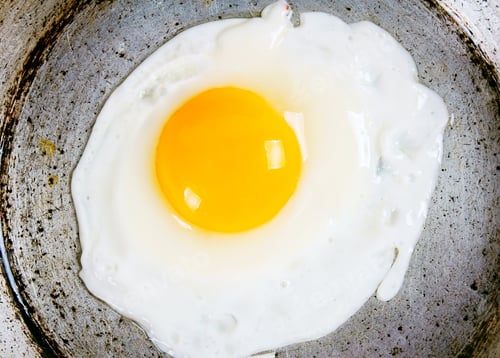 Preview: Egg fried on an old frying pan.