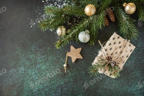 Preview: Christmas mockup with fir tree branch and Christmas presents.