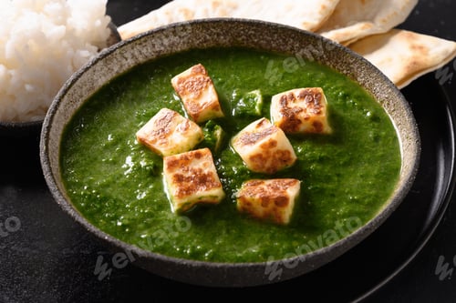 Preview: Palak paneer of spinach and cheese on black.