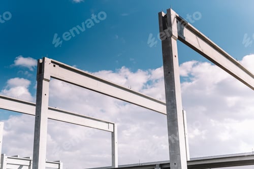 Preview: Construction site of hall, precast cement pillars and beams
