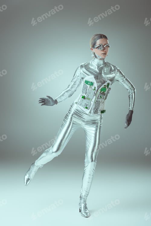 Preview: full length view of silver woman robot balancing on grey, future technology concept