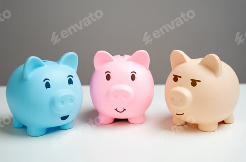 Preview: Colorful Piggy Banks on White Tabletop, Grey Background