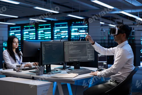 Preview: T experts coworkers using VR headset to optimize servers performance