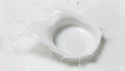 Preview: Fresh milk pouring making a crown splash in a milk pool. Top view, isolated on grey-white background